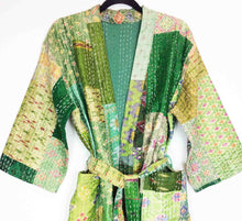 Load image into Gallery viewer, Vintage Silk Sari Kantha Patchwork Robe