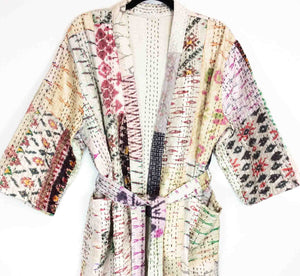 Vintage Silk Sari Kantha Patchwork Robe